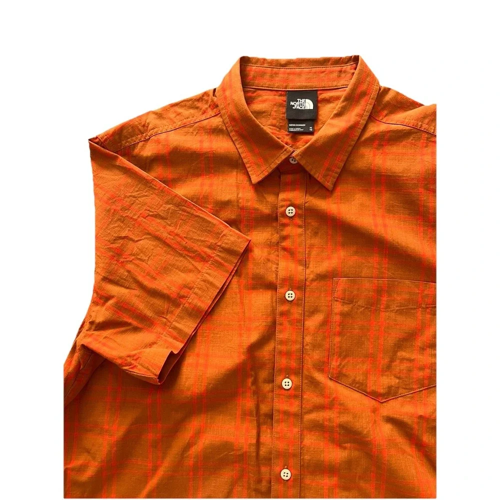 The North Face Mens XL Short Sleeve Button Down Shirt Orange Plaid Ripstop XL